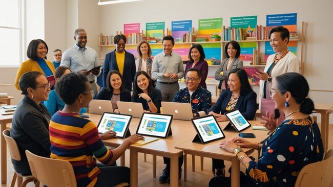 Diverse group of parents and educators attending a digital literacy workshop, using tablets and laptops