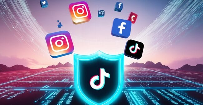 Futuristic digital landscape with social media icons protected by a glowing shield, representing online safety and trends