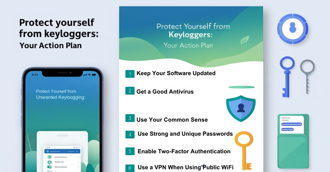 Illustrated checklist of steps to protect against unwanted keylogging, including updating software, using strong passwords, and installing antivirus