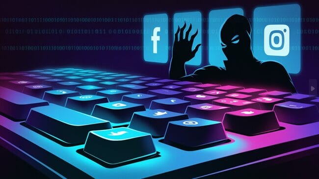 Illustration of a glowing keyboard with social media icons and a lurking figure, representing keylogging and digital privacy concerns