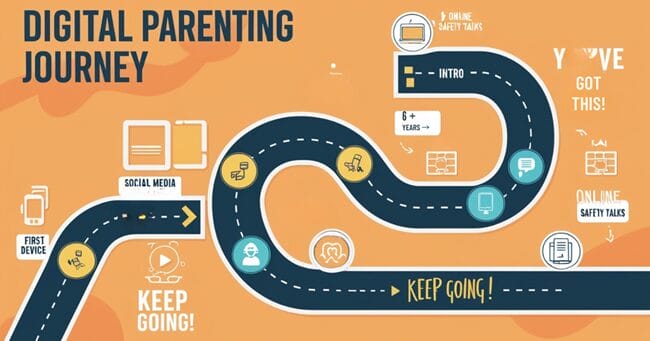 Infographic depicting the digital parenting journey as a road with various milestones and encouraging messages