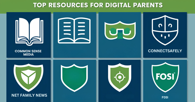 Infographic displaying top online safety resources for parents - Common Sense Media, FOSI, ConnectSafely, and Net Family News