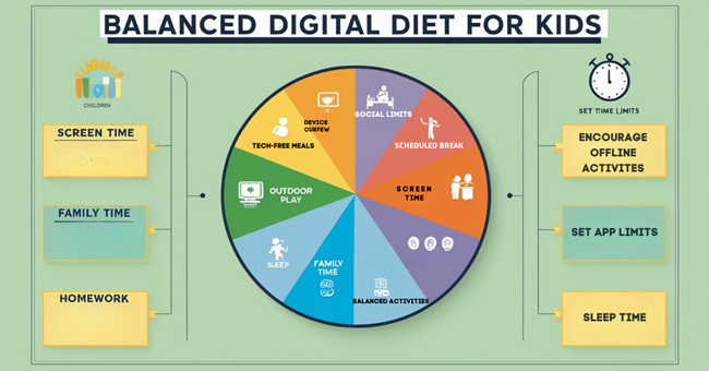 Infographic showing a balanced 'digital diet' for kids, with a pie chart representing screen time, outdoor play, family time, homework, and sleep, surrounded by tips for maintaining balance