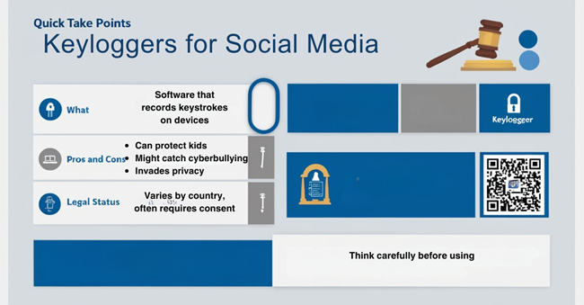 Infographic summarizing key points about keyloggers for social media, including definition, uses, pros, cons, legal status, and protection tips