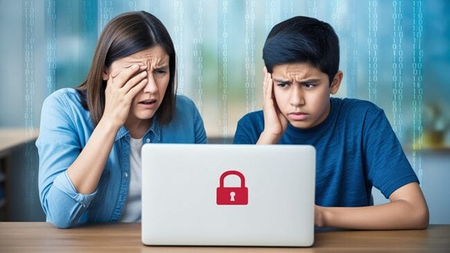 Parent and teenager in conflict over a laptop, symbolizing trust issues related to keylogging