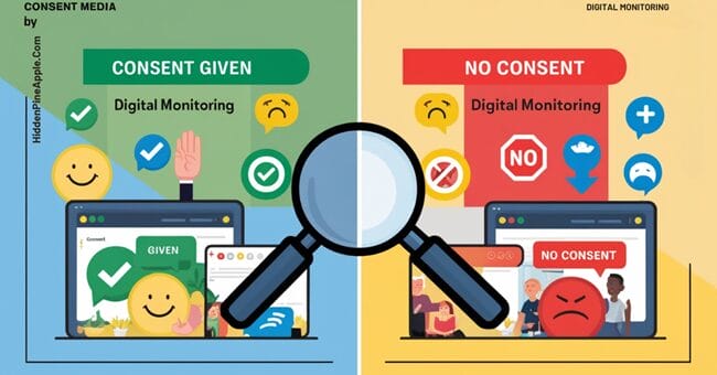 Split image comparing consent and no consent scenarios in digital monitoring, with social media context