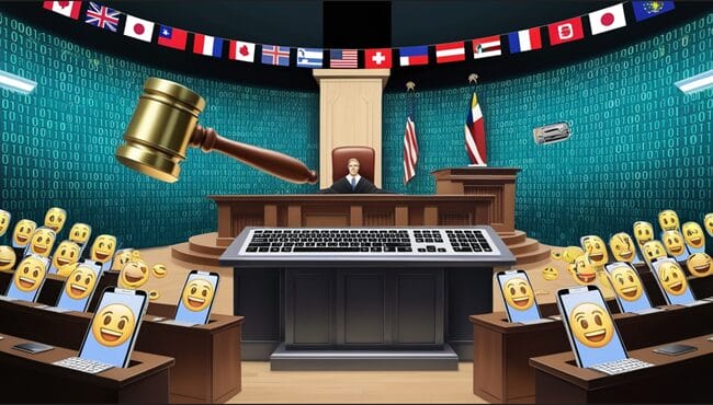 Surreal digital courtroom with computer elements, representing the complex legal landscape of keylogging