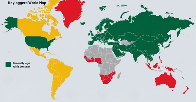 World map showing the legal status of keyloggers in different regions