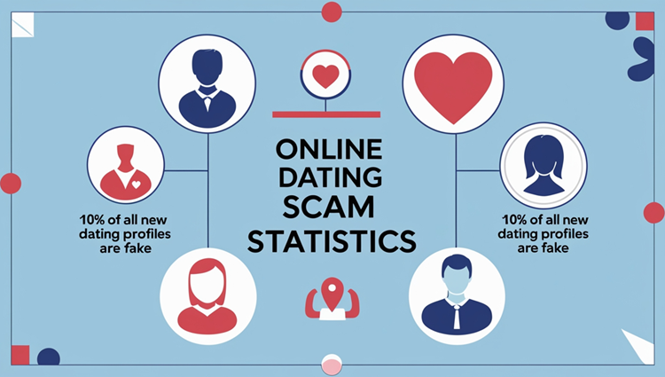 Infographic showing key online dating scam statistics with icons