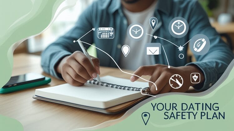 Person creating a safety plan with a notebook and smartphone, surrounded by safety-related icons