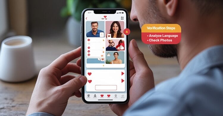Person using smartphone to verify dating profile with step-by-step guide overlay