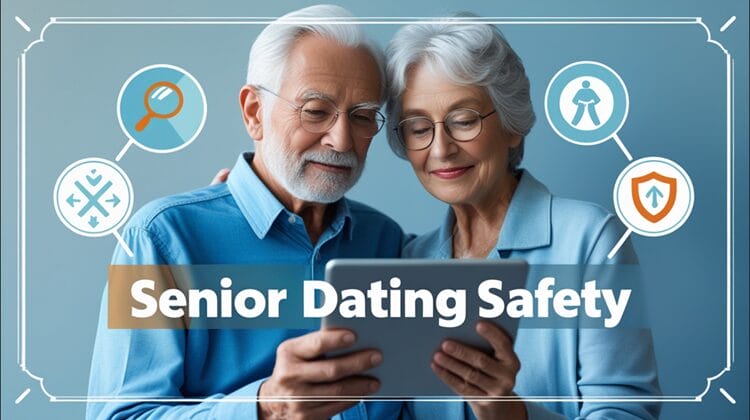 Senior couple using a tablet with safety icons, illustrating online dating guidelines for older adults