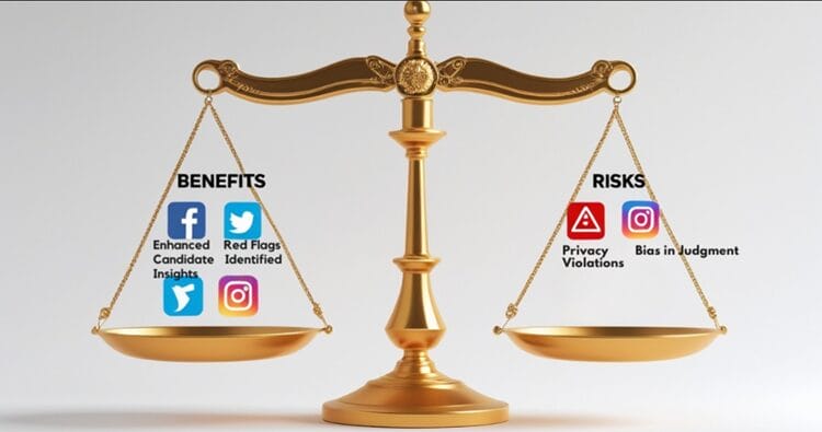 Balanced scale with social media icons on one side and warning signs on the other, representing benefits and risks of social media screening