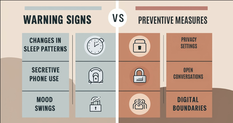 Comparison chart of warning signs for teen sexting and corresponding preventive measures