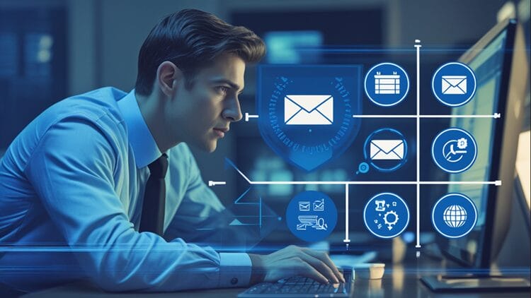 Cybersecurity professional investigating email age with overlaid icons representing key concepts