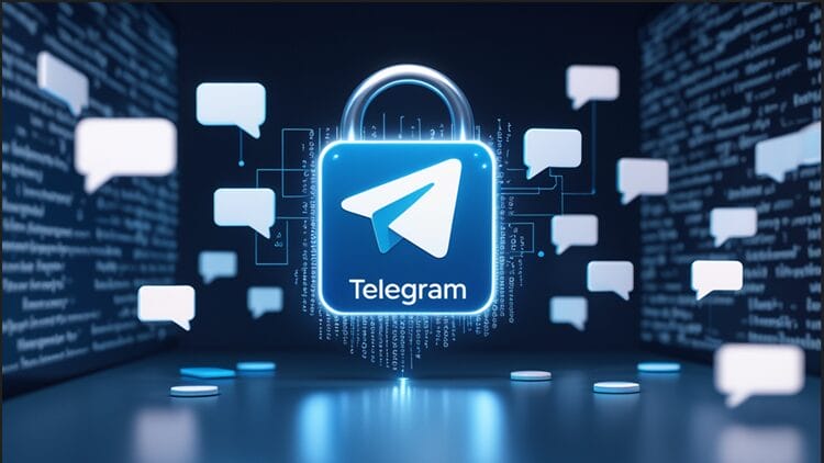 Digital padlock transforming into Telegram logo, surrounded by encrypted text and disappearing message bubbles, representing secure messaging