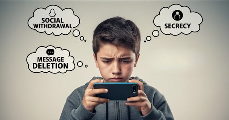 Distressed teenager using a smartphone, surrounded by thought bubbles showing cyberbullying warning signs