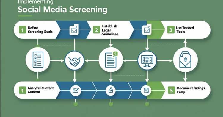 Flowchart illustrating the step-by-step process of implementing social media screening in hiring practices