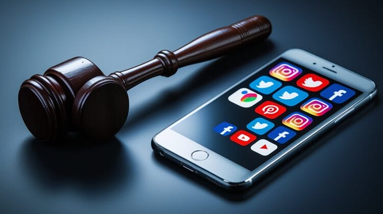 Gavel next to a smartphone displaying social media icons, representing legal considerations in social media screening