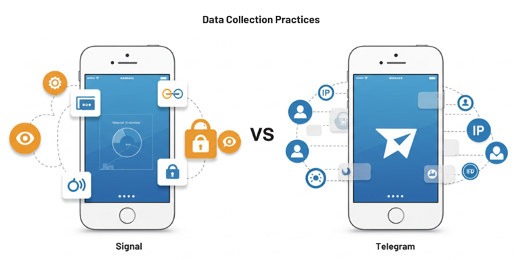 Illustration comparing data collection practices of Signal (minimal) and Telegram (more extensive)