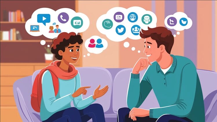 Illustration of parent and teen discussing online safety, with thought bubbles showing relevant symbols