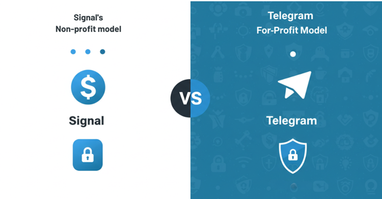 Infographic comparing Signal's non-profit model to Telegram's for-profit business model