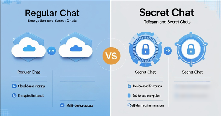 Infographic comparing Telegram's regular chat and Secret Chat features, highlighting encryption and device syncing differences