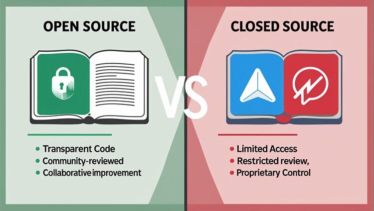 Infographic comparing open-source and closed-source software models in messaging apps