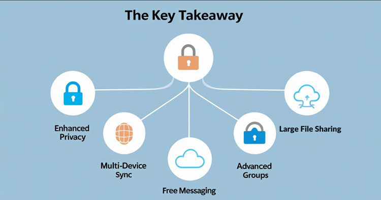 Infographic showcasing five key features of Telegram - enhanced security, multi-device access, free messaging, better group features, and large file sharing