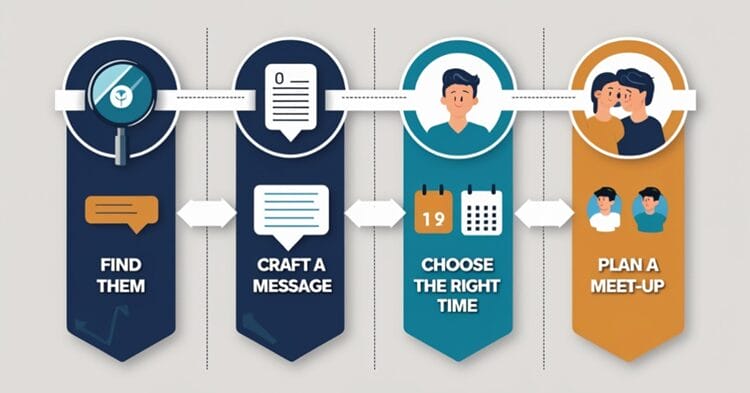 Infographic showing 4 steps to reconnect with old friends - find, message, time, and meet