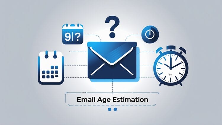 Infographic showing email age estimation concept with envelope, calendar, and clock icons