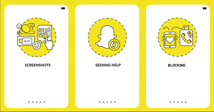 Infographic showing steps to address cyberbullying on Snapchat, including blocking, preserving evidence, and seeking help