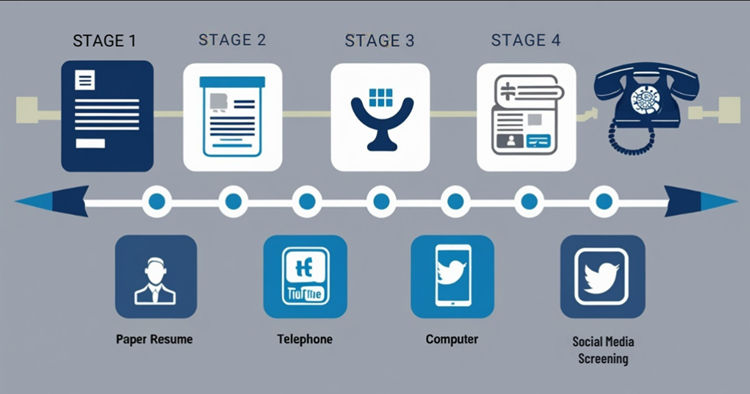 Infographic showing the evolution of hiring practices from traditional resumes to social media screening