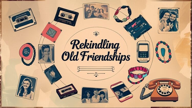 Nostalgic collage with vintage items surrounding the text 'Rekindling Old Friendships'