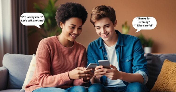 Parent and teenager discussing social media usage together, looking at a smartphone in a supportive environment