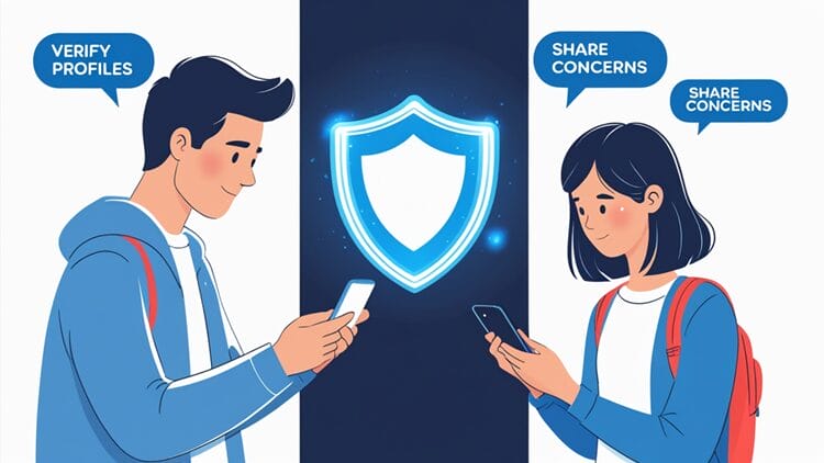 Parent and teenager using smartphones with protective shield, illustrating online safety guidance