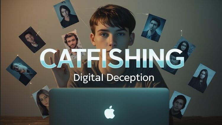 Person using a laptop surrounded by floating social media profile images, illustrating online identity deception