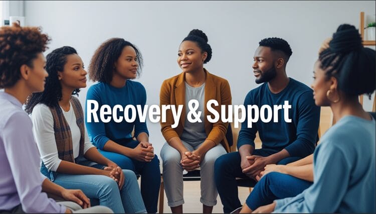 Small group therapy session symbolizing support and recovery after online scams