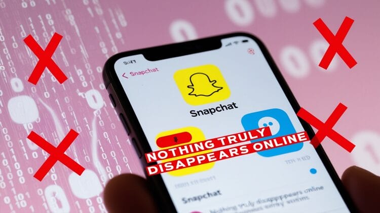 Smartphone displaying Snapchat interface with warning symbols, emphasizing digital footprint risks