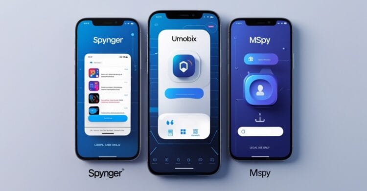 Stylized smartphone screen displaying interfaces of Telegram monitoring apps Spynger, uMobix, and mSpy