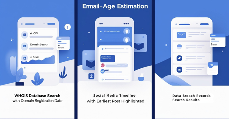 Triptych illustration showing three email age estimation methods - domain registration, social media, and data breaches