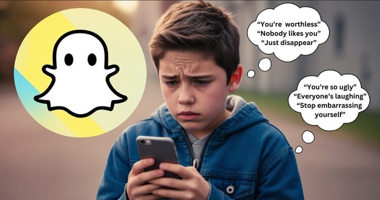 Upset teenager holding a smartphone with Snapchat logo overlay, illustrating the emotional impact of cyberbullying