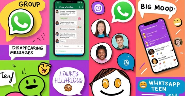 Collage illustrating popular WhatsApp features among teens, including group chats, disappearing messages, and status updates