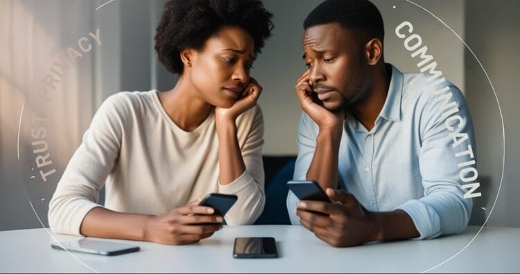 Couple engaged in serious conversation with smartphones on table, representing discussion of digital privacy in relationships