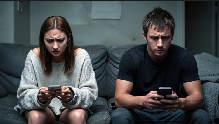 Couple sitting apart, both focused on their smartphones, illustrating relationship tension