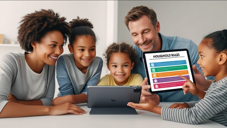 Family reviewing digital rules together on a tablet, with key guidelines visible