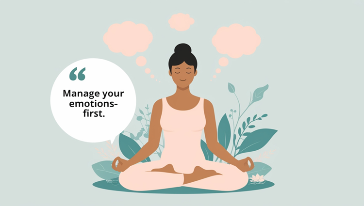 Illustration of a person meditating, surrounded by thought bubbles and nature elements, representing mindfulness and self-reflection