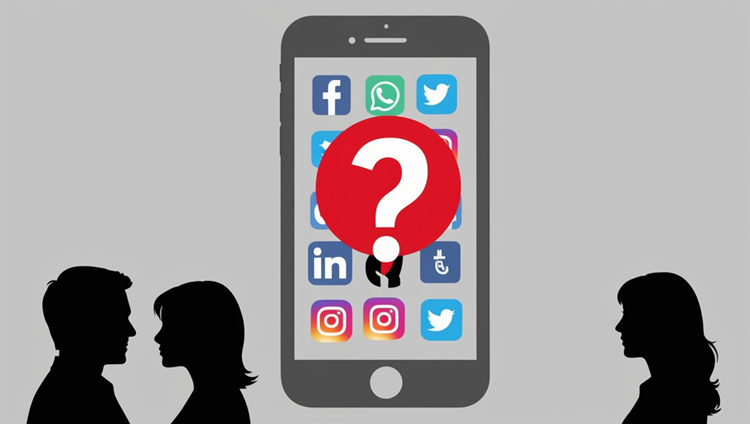 Illustration of a smartphone with social media icons and a question mark, flanked by silhouettes of a man and woman facing away from each other