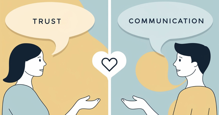 Illustration of two people communicating with speech bubbles containing words related to trust and honesty