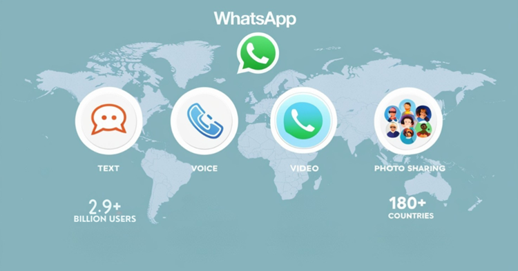 Infographic displaying WhatsApp's key features and user statistics, including text, voice, video, and photo sharing capabilities